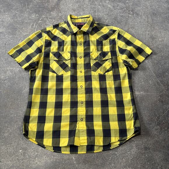 Hawke Plaid Shirt Mens L Yellow Black Short Sleeve Button Up Summer Skater - Picture 1 of 8